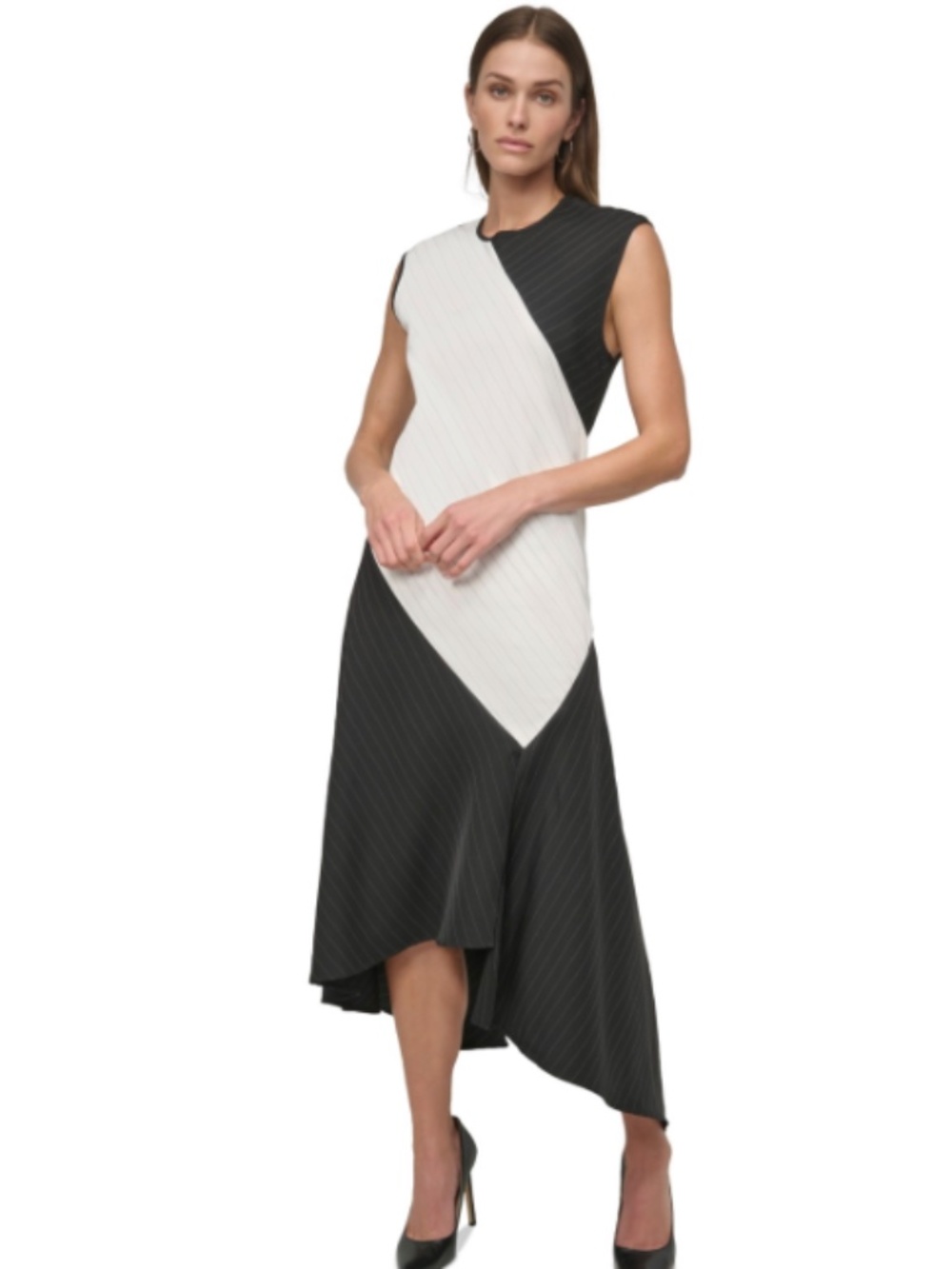 Dkny Women's Pinstripe Jewel-Neck Sleeveless Dress - Black/Ivory